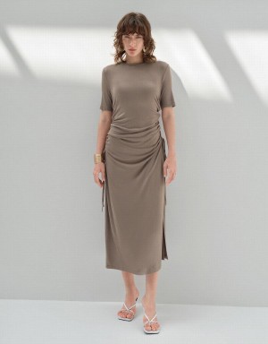 Urban Revivo Ruched Crew Neck Skater Women's Dress Khaki | EXP4537VX