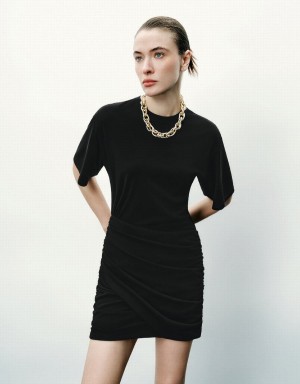 Urban Revivo Ruched Crew Neck Skinny Women's Dress Black | DRD166PA