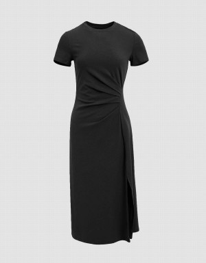 Urban Revivo Ruched Crew Neck Straight Women's Dress Black | EVI9618JB