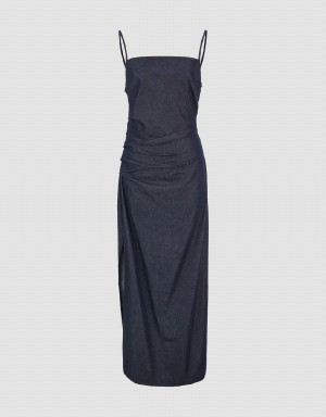 Urban Revivo Ruched Midi Denim Women's Dress Blue | OHC2262GD