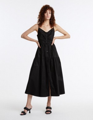 Urban Revivo Ruched Neckline Tiered Women's Dress Black | UUV3830XK