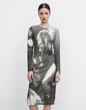 Urban Revivo Ruched Printed Midi Women's Dress Grey | NUH5027PX