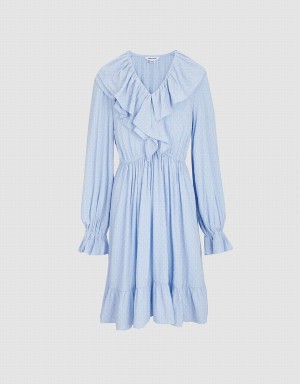 Urban Revivo Ruffle Hem V Neck Women's Dress Blue | AXG5420XF