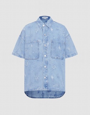 Urban Revivo Seashell Patched Pocket Denim Women's Shirts Blue | HJT131DA