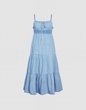 Urban Revivo Shirred Waist Tiered Cami Denim Women's Dress Blue | CPD2921RC