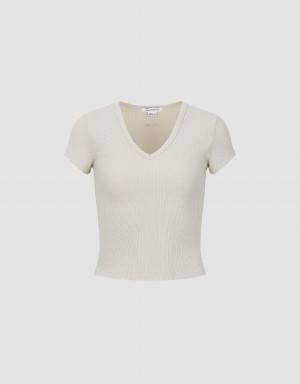 Urban Revivo Skinny V-Neck Knitted Women's T Shirts Khaki | TRP3280QH