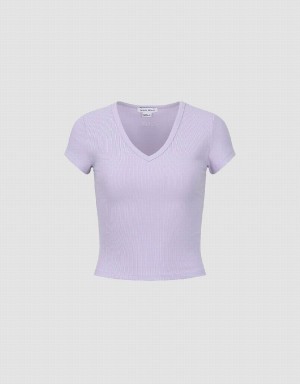 Urban Revivo Skinny V-Neck Knitted Women's T Shirts Purple | YXQ5648QX