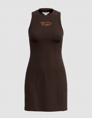 Urban Revivo Sleeveless Crew Neck Skinny Women's Dress Brown | HYI2416KC