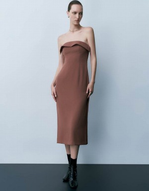 Urban Revivo Sleeveless Off-Shoulder Skinny Women's Dress Brown | TAF260NB