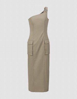 Urban Revivo Sleeveless One Shoulder Straight Women's Dress Khaki Grey | CXP8811ZH