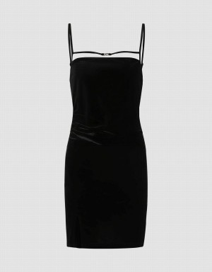 Urban Revivo Sleeveless Square-Cut Collar Straight Women's Dress Black | XNC8280YG