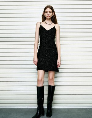 Urban Revivo Sleeveless Tweed V-Neck Straight Women's Dress Black | NME9661GK