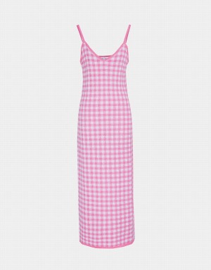 Urban Revivo Sleeveless V-Neck Knitted Checkered Women's Dress Blue | KUV5939DD