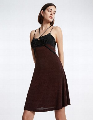 Urban Revivo Spliced Sheer Mesh Cami Women's Dress Brown | JNY1762QG