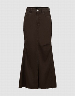 Urban Revivo Split Hem Fishtail Denim Women's Skirts Dark Khaki | CVI3499FM