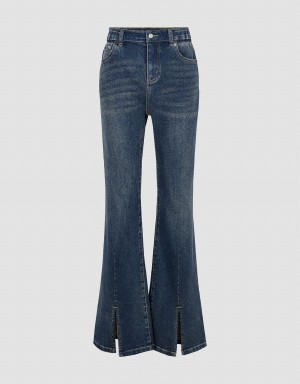 Urban Revivo Split Hem Flare Women's Jeans Blue | ZMJ8796PR