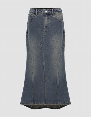 Urban Revivo Split Hem Midi Fishtail Denim Women's Skirts Blue | XNI586QN