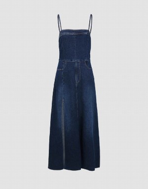 Urban Revivo Split Hem Off-Shoulder Denim Cami Women's Dress Blue | FOC3996ML