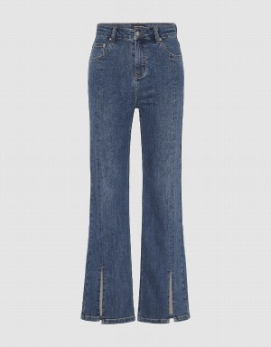 Urban Revivo Split Hem Straight Women's Jeans Blue | WKE6528RE