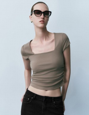 Urban Revivo Square-Cut Collar Skinny Knitted Women's T Shirts Khaki Brown | CDL3042MS