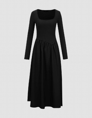 Urban Revivo Square Neck Knitted A-Line Women's Dress Black | TAY4470VZ