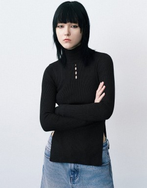 Urban Revivo Stand Collar Knitted Women's Cardigan Black | YFR6328SM