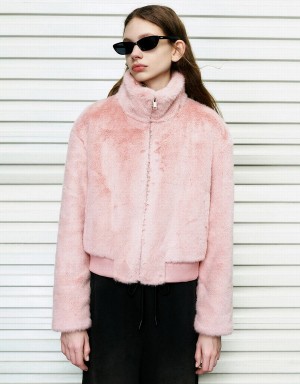 Urban Revivo Stand Collar Straight Furry Women's Coats Pink | RVJ6861AW