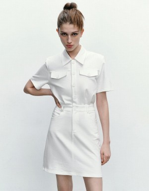 Urban Revivo Standard Sleeve Lapel Straight Women's Dress White | GVI114RV