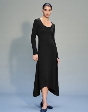 Urban Revivo Standard Sleeve U Neck A-Line Women's Dress Black | YIR4839CL