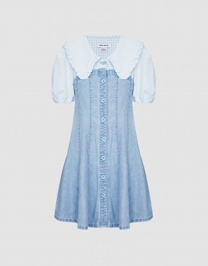 Urban Revivo Statement Collar Button Front Spliced Denim Women's Dress Blue | ZER744NQ