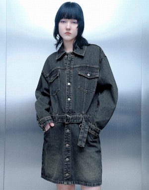 Urban Revivo Straight Denim With Belt Women's Dress Blue | QUF10100JQ