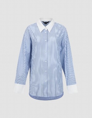 Urban Revivo Striped Button Up Lapel Women's Shirts Blue | JPA8956XJ