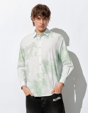 Urban Revivo Striped Button Up Loose Men's Shirts White Green | KIX6399BQ