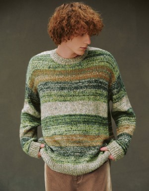 Urban Revivo Striped Crew Neck Knitted Men's Cardigan Green Multicolor | JRV3784UA