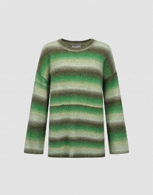 Urban Revivo Striped Crew Neck Knitted Women's Cardigan Green | CRB6528MG