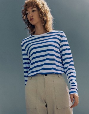 Urban Revivo Striped Crew Neck Knitted Women's T Shirts Blue | YKH3612ZI