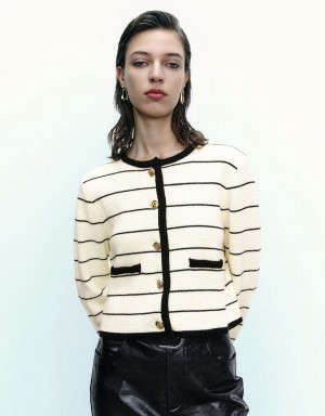 Urban Revivo Striped Crew Neck Knitted With Fake Pockets Women's Cardigan Black | EDB6470XM