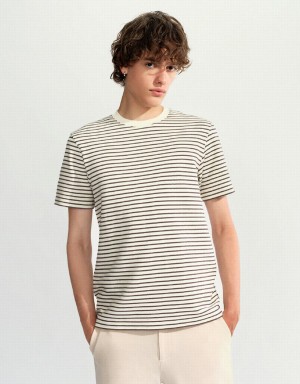 Urban Revivo Striped Crew Neck Men's T Shirts White | PFB9546BS