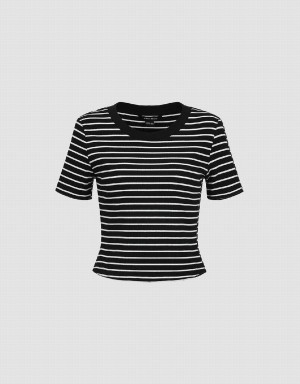 Urban Revivo Striped Crew Neck Skinny Women's T Shirts Black | AOT534MZ