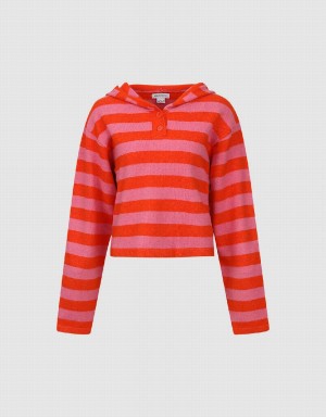 Urban Revivo Striped Hooded Knitted Women's Cardigan Pink | YWM4522FC