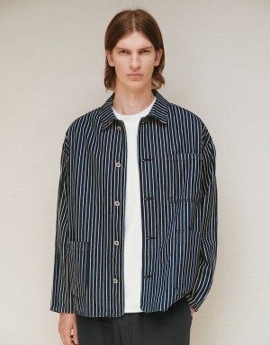 Urban Revivo Striped Men's Denim Jackets Blue | CRD1431PH