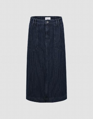 Urban Revivo Striped Midi Straight Denim Women's Skirts Blue | YJM9653KJ