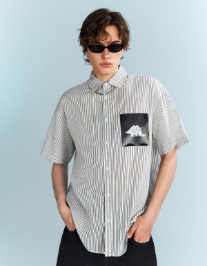 Urban Revivo Striped Oversized Men's Shirts Black | XBT584GJ