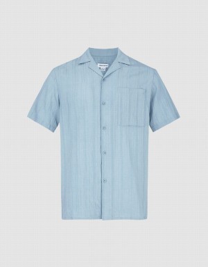 Urban Revivo Striped Short Sleeve Men's Shirts Blue | ATY1792QX