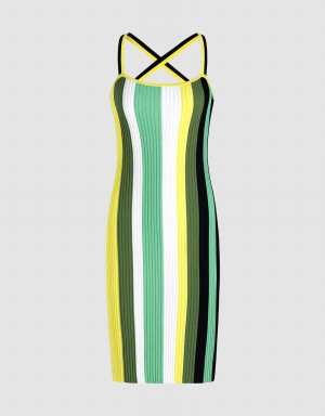 Urban Revivo Striped Sleeveless Knitted Bodycon Women's Dress Green Multicolor | ETR3274ZU