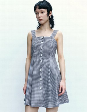 Urban Revivo Striped Sleeveless Square-Cut Collar A-Line Checkered Women's Dress Blue | MDQ7334NH