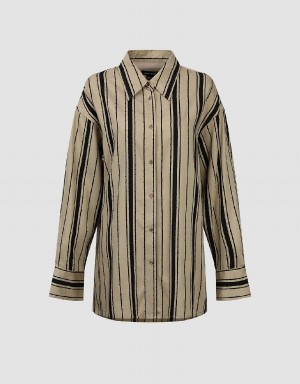 Urban Revivo Striped Straight Loose Women's Shirts Khaki | DIQ7616DP