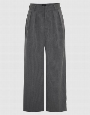 Urban Revivo Striped Tailored Wide-Leg Women's Pants Grey | IBJ6114XK