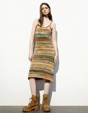 Urban Revivo Striped V-Neck Knitted Cami Women's Dress Multicolor | IKD9267ZR