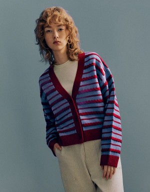 Urban Revivo Striped V-Neck Knitted Women's Cardigan Red | PEH2481AJ